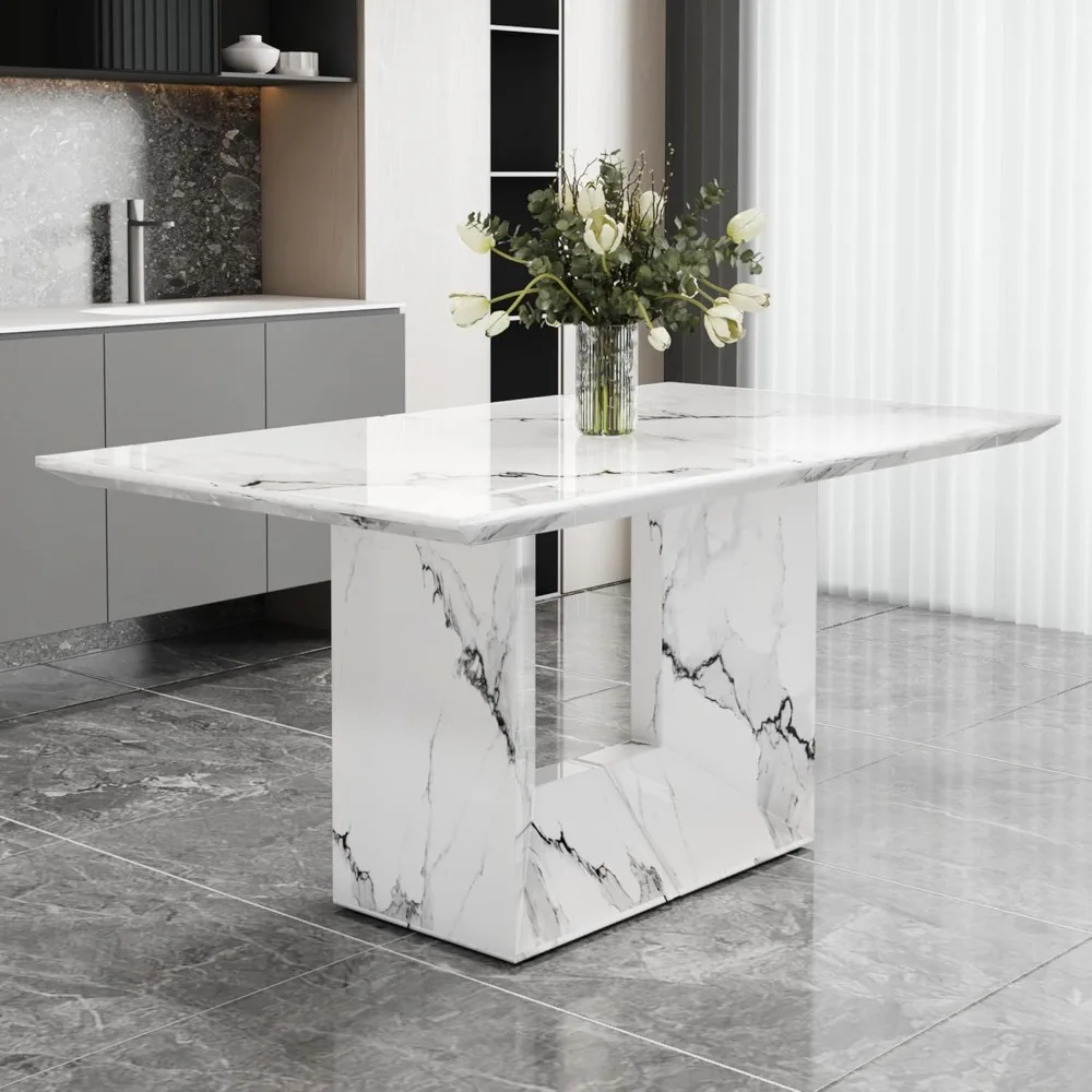 

63" Faux Marble Dining Table, Modern White Dining Table, Rectangular Kitchen Table, Luxurious Kitchen Table