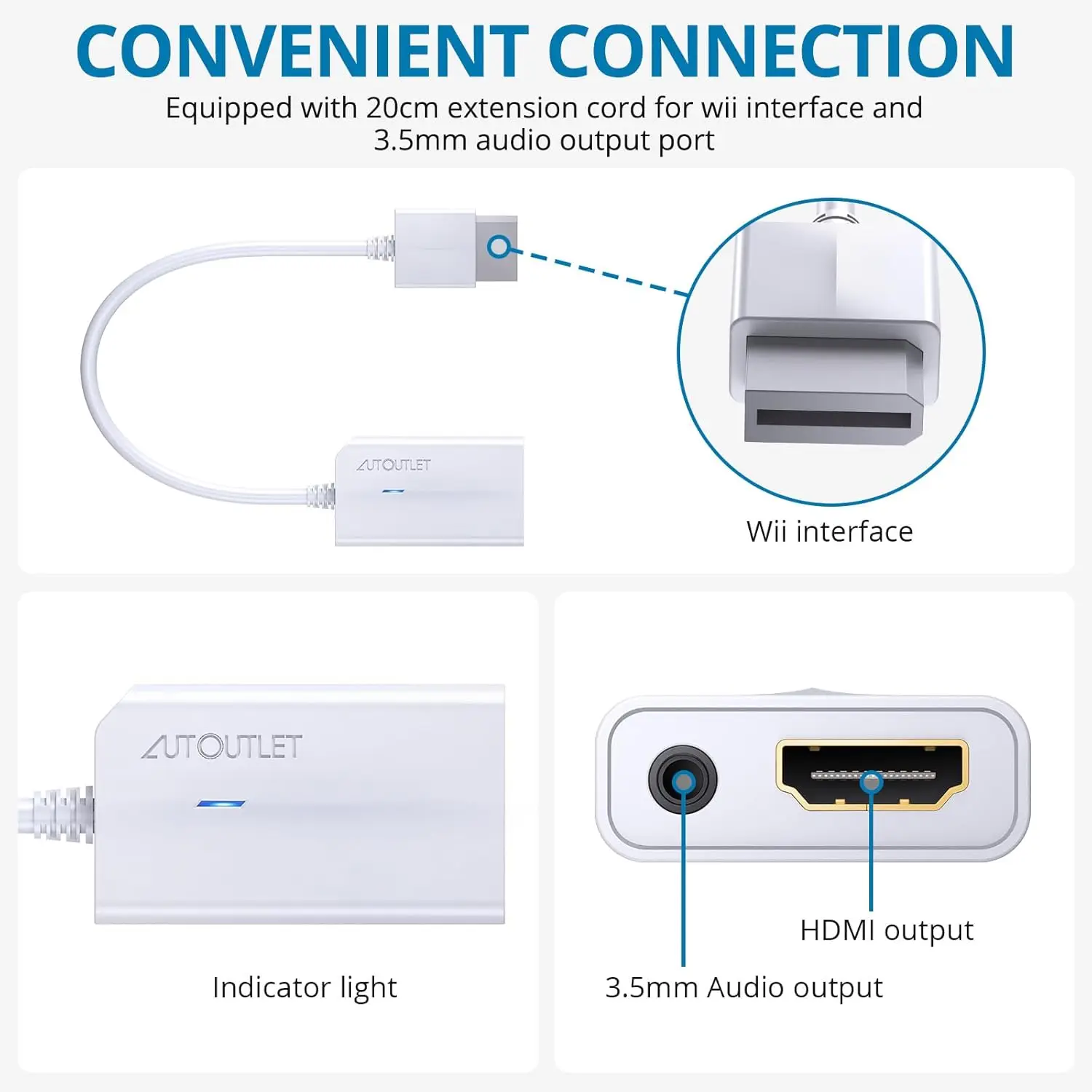 Conversor Wii para HDMI 1080P, Adaptador HDMI com Conector de Áudio, Compatível com Wii/Wii U, Suporta 720P/1080P