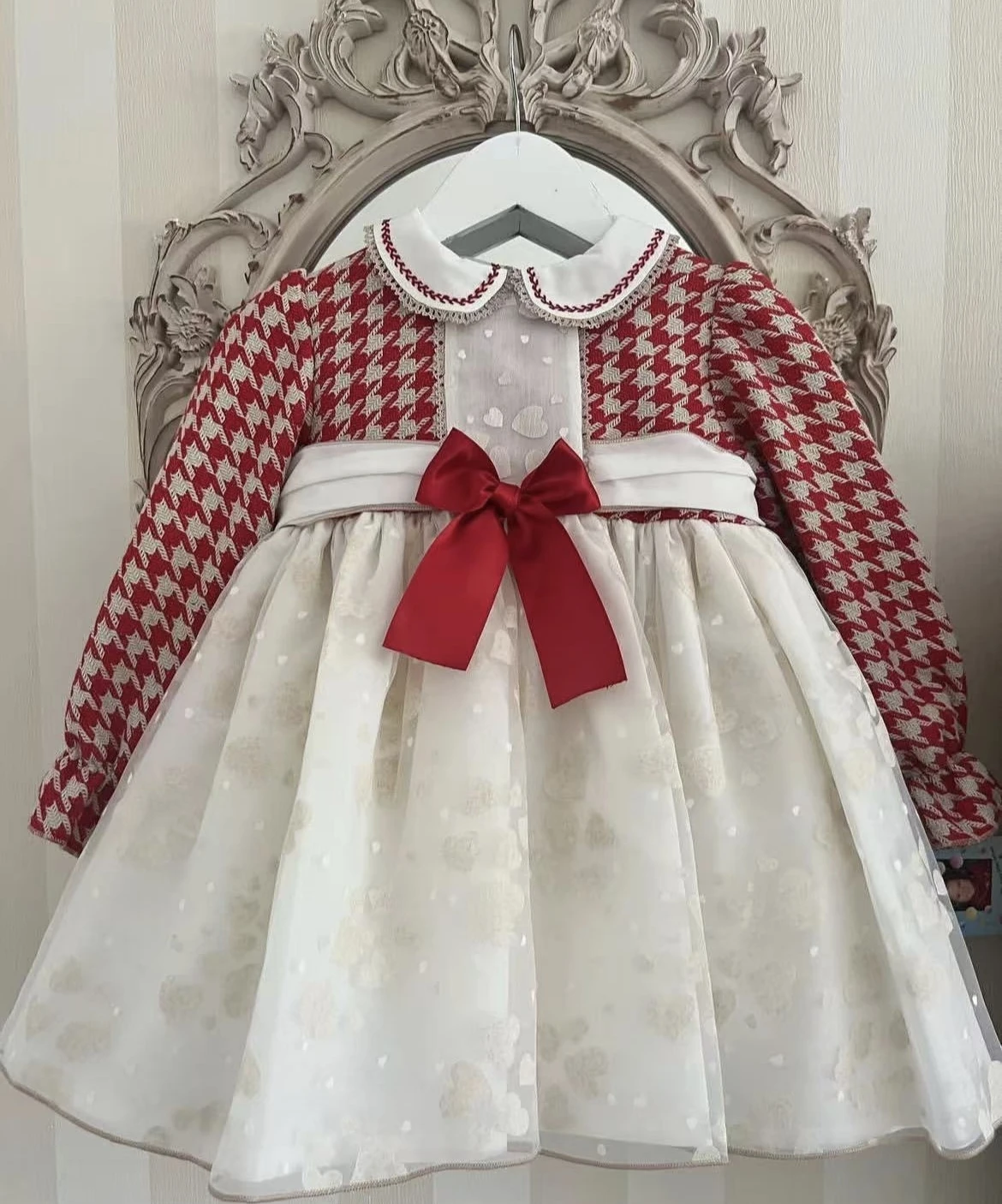 0-12Y طفلة الخريف الدانتيل الأحمر منقوشة فستان لعيد ميلاد التصوير عطلة عيد الميلاد C231 #1