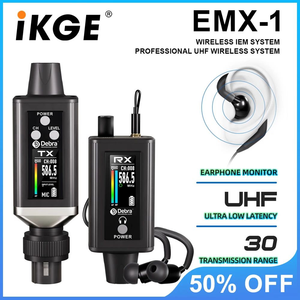 

IKGE Audio UHF IEM EMX-1 Wireless Monitoring System, Portable Rechargeable, On-Screen Adjustable 16 Frequencies for Microphone