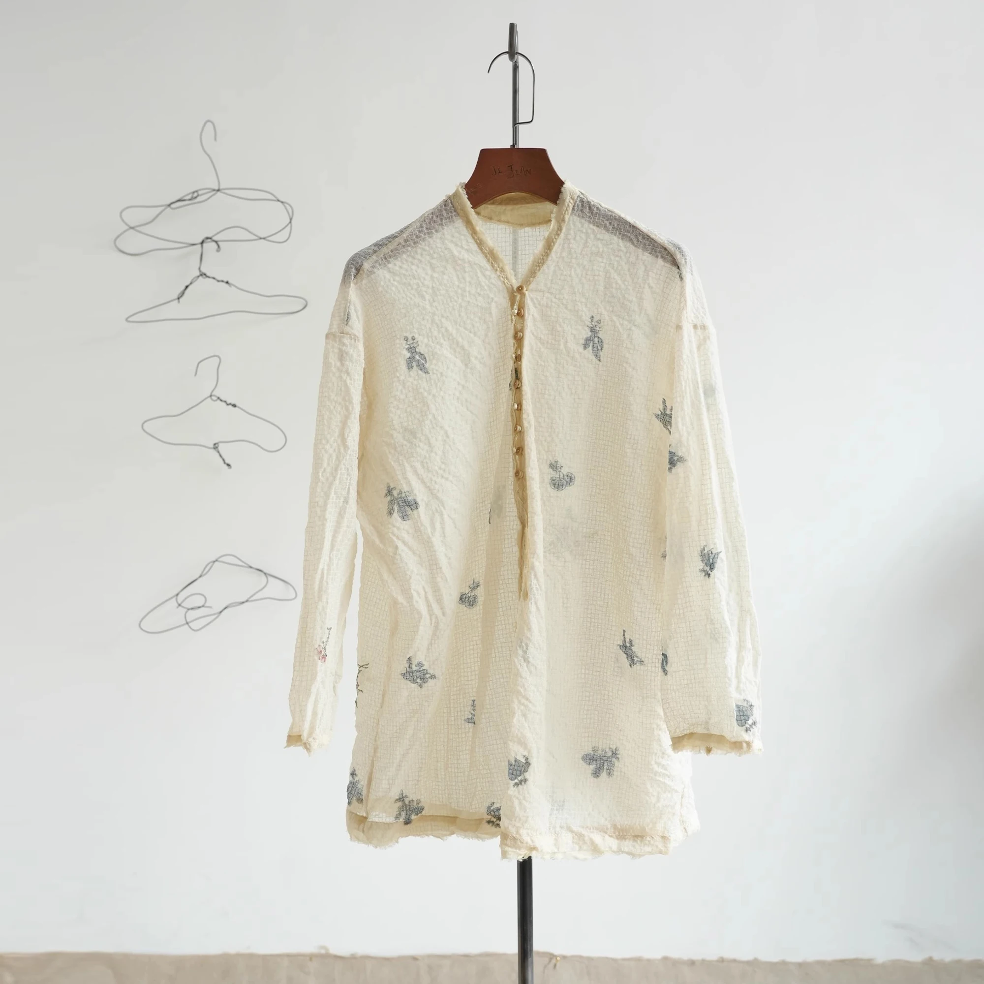 

Plant-Dyed Lightweight f-Open irt Overhead Sle by Ji Jian Casual Summer Faion Women's Loose Fit Long Sve V-Ne