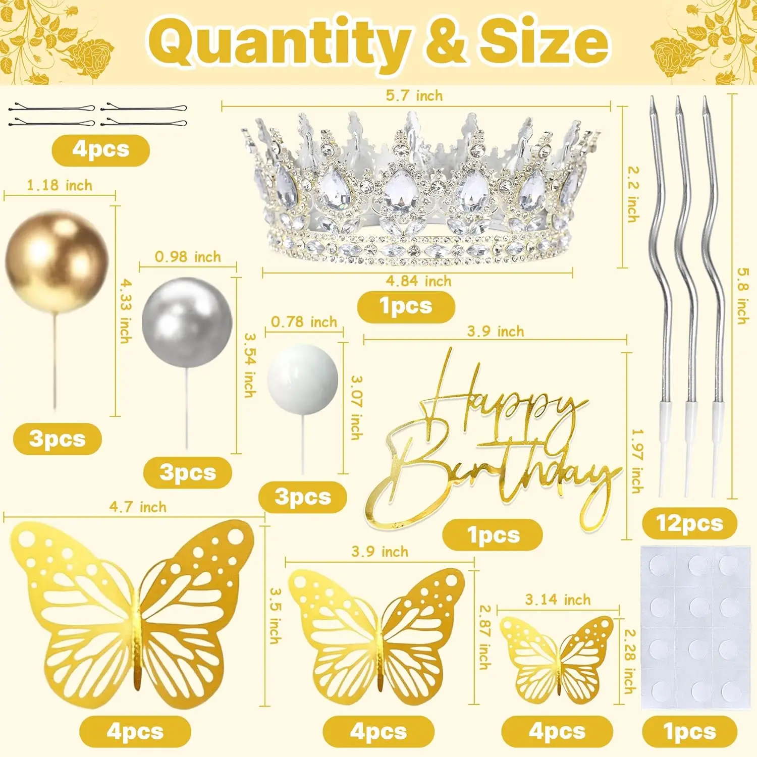 Kronen-Kuchenaufsatz, Kugeln, alles Gute zum Geburtstag, Kuchenaufsätze mit Kerzen, goldene Schmetterlinge, Kuchendekorationen für Hochzeit, Babyparty, Party – Detail 14