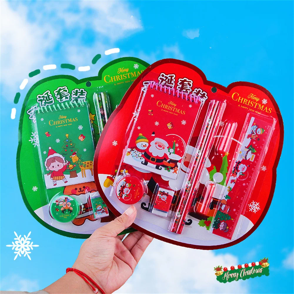 8Pcs Christmas Stationery Set Cute Pencils Eraser Note Pads Ruler Children's Writing Drawing Tools Student Stationery Xmas Gift