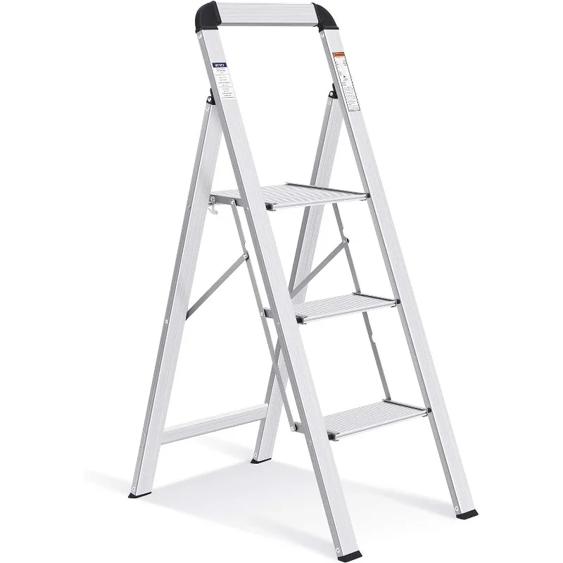 

Aluminium 3 Step Ladder, Lightweight Step Stool with Non-Slip Pedals, Handrail, 330 LBS Foldable Step Ladder for Kitchen, Garage