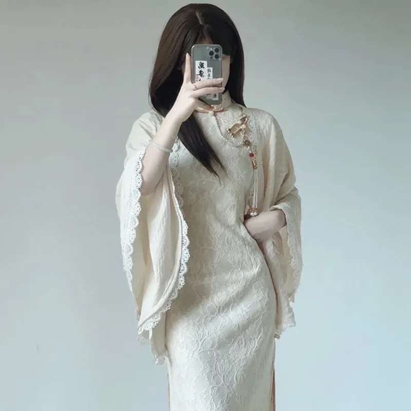 

Женское винтажное кружевное платье-ципао с широкими рукавами в стиле ретро и шалью