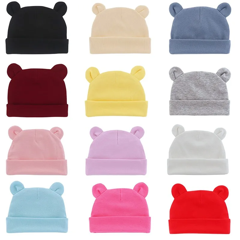 Newborn Baby Hat Bear Ears Infant Caps Cotton Hat Solid Color Hat Soft Toddler for 0-12 Months Baby Autumn Winter