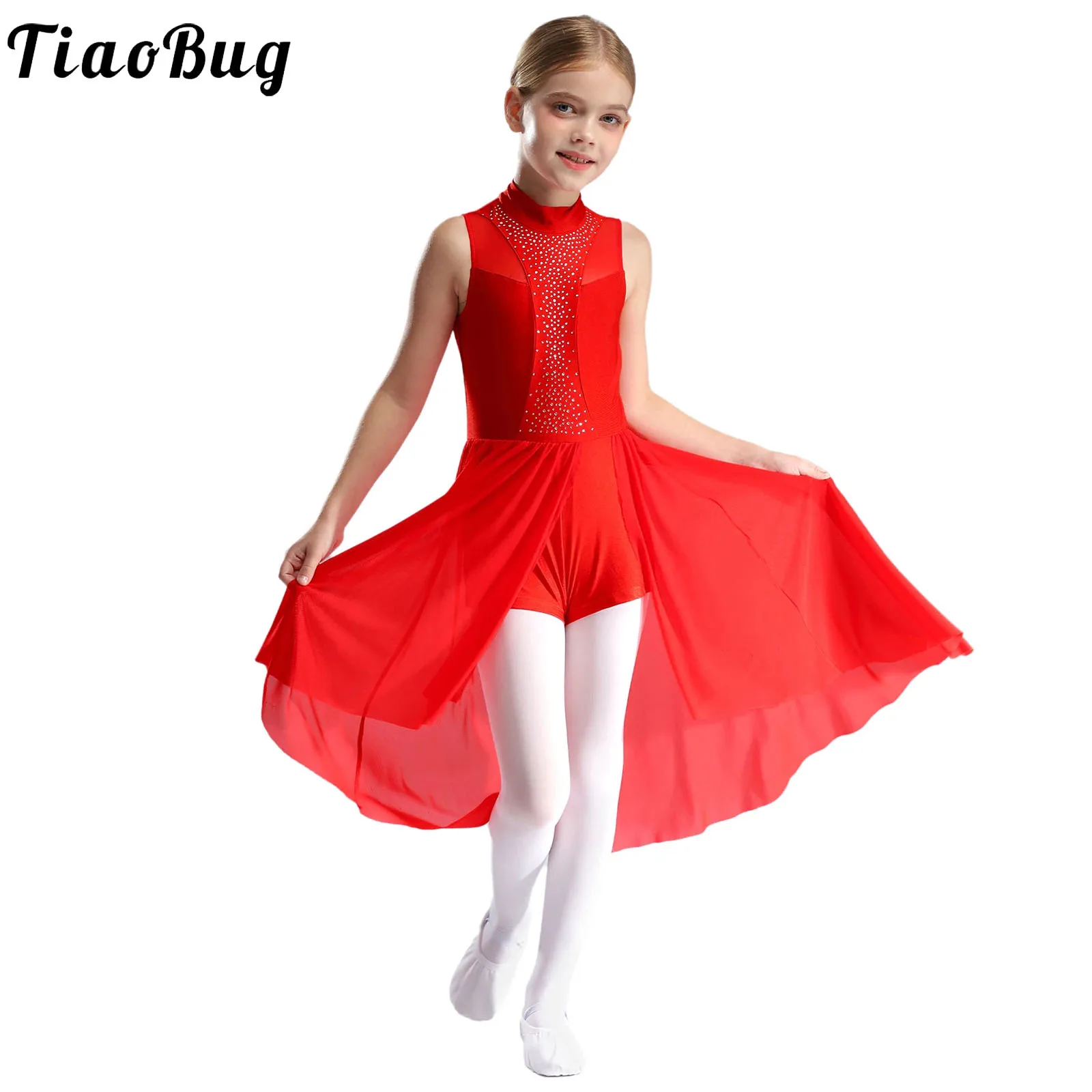 Kids Girls Moden Lyrical Dance Dress Sleeveless Rhinestone Ballet Leotard Figure Skating Gymnastics Stage Performance Costume