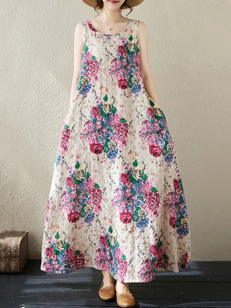 فساتين قطنية عتيقة بدون أكمام كبيرة الحجم جديدة في الفساتين للنساء فستان صيفي طويل فضفاض غير رسمي ملابس أنيقة 2025 #2