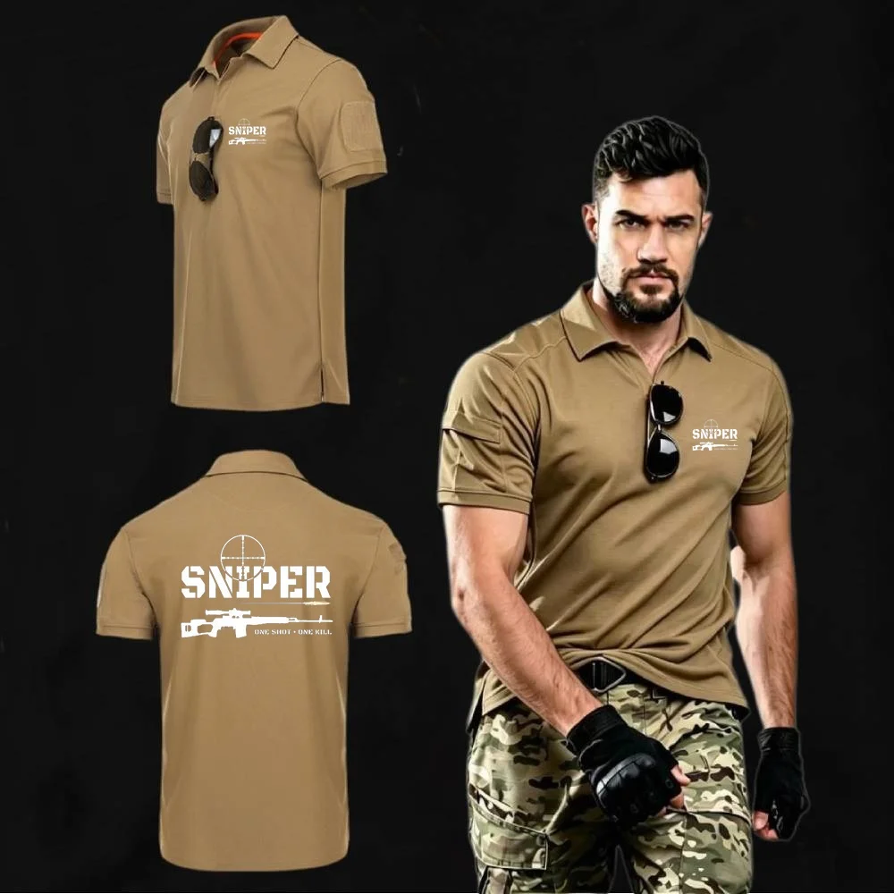 Polo Shirt Military Tacitcal Training Men Short Sleeve Shirts Sniper One Shot One Kill Tee Runing Workout Breathable Mesh Tshirt