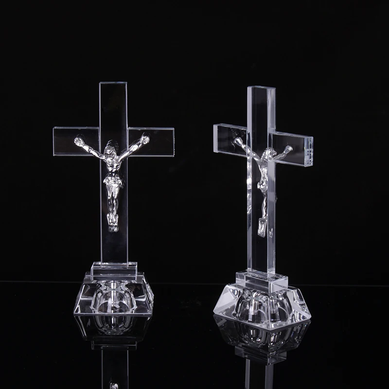Hot Sell Crystal Glass Cross Jesus with LED Baby Christian Shower Souvenir Gifts Religious Figurine Statue Home Decoration