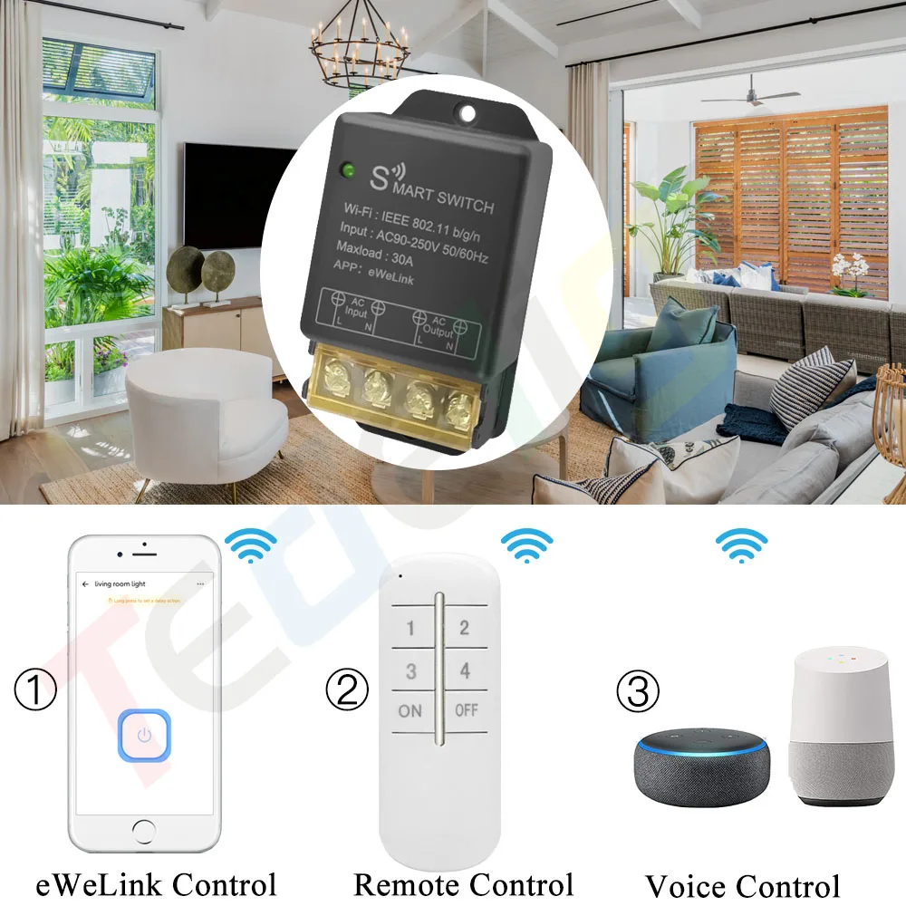 Ewelink-インテリジェントスイッチコントローラー,wifi,ライトスイッチ,タイミング音声モジュール,alexa,110v,220v,30a,2.4ghz