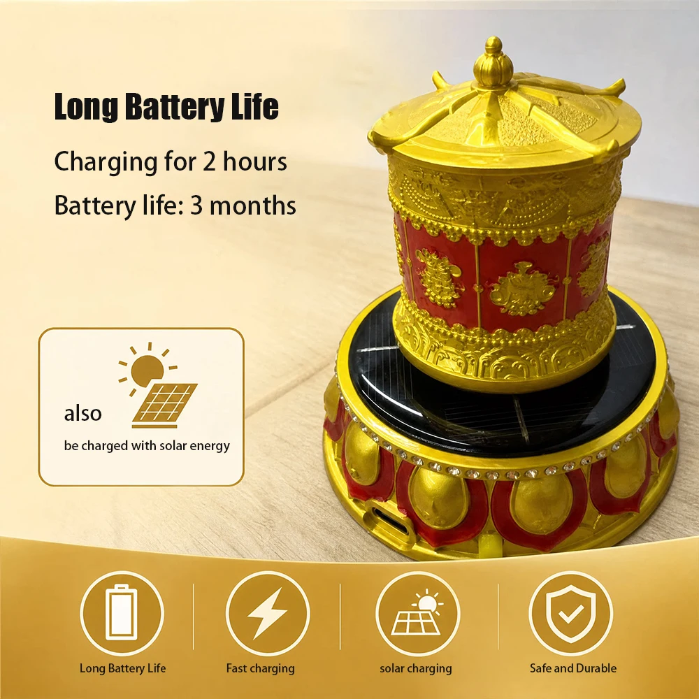 Zen Solar Prayer Wheel with Long Lasting, Type-C Charging Electric Mani Wheel, Car Decor & Home Prayer Blessing Ornament