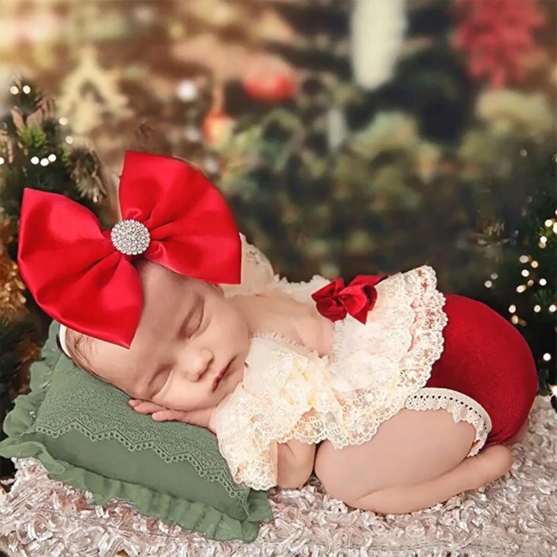 

Newborn Photo Props Bowknot Headband Christmas Jumpsuit Posing Clothes Baby Photography Suit Infant Christmas Costume