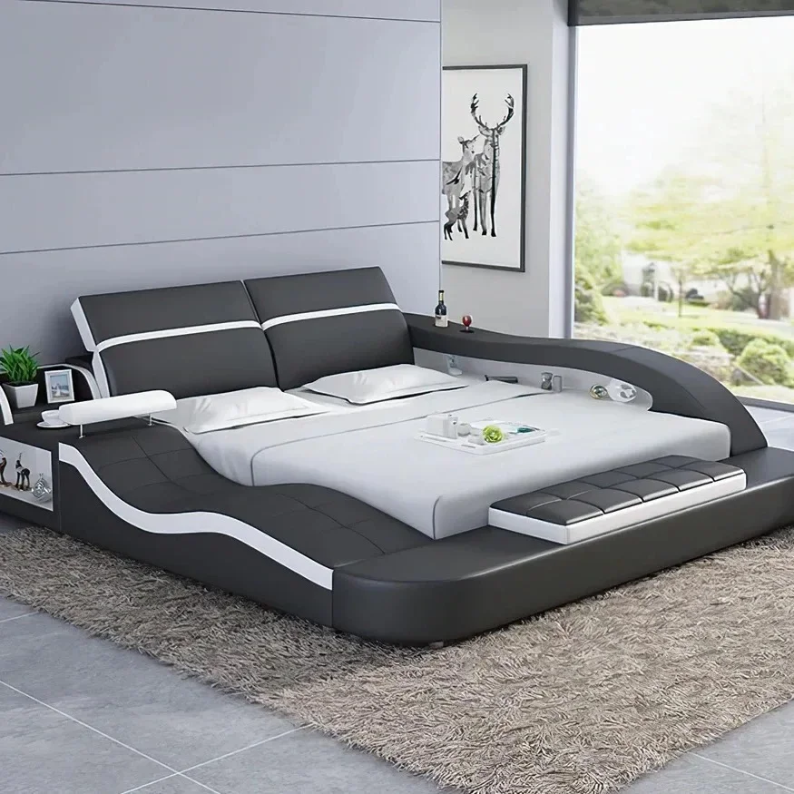 Multifunctional Ultimate Bed 2 People With Tatami, Storage, Cup Holder | Modern Genuine Leather Upholstered Smart Bed