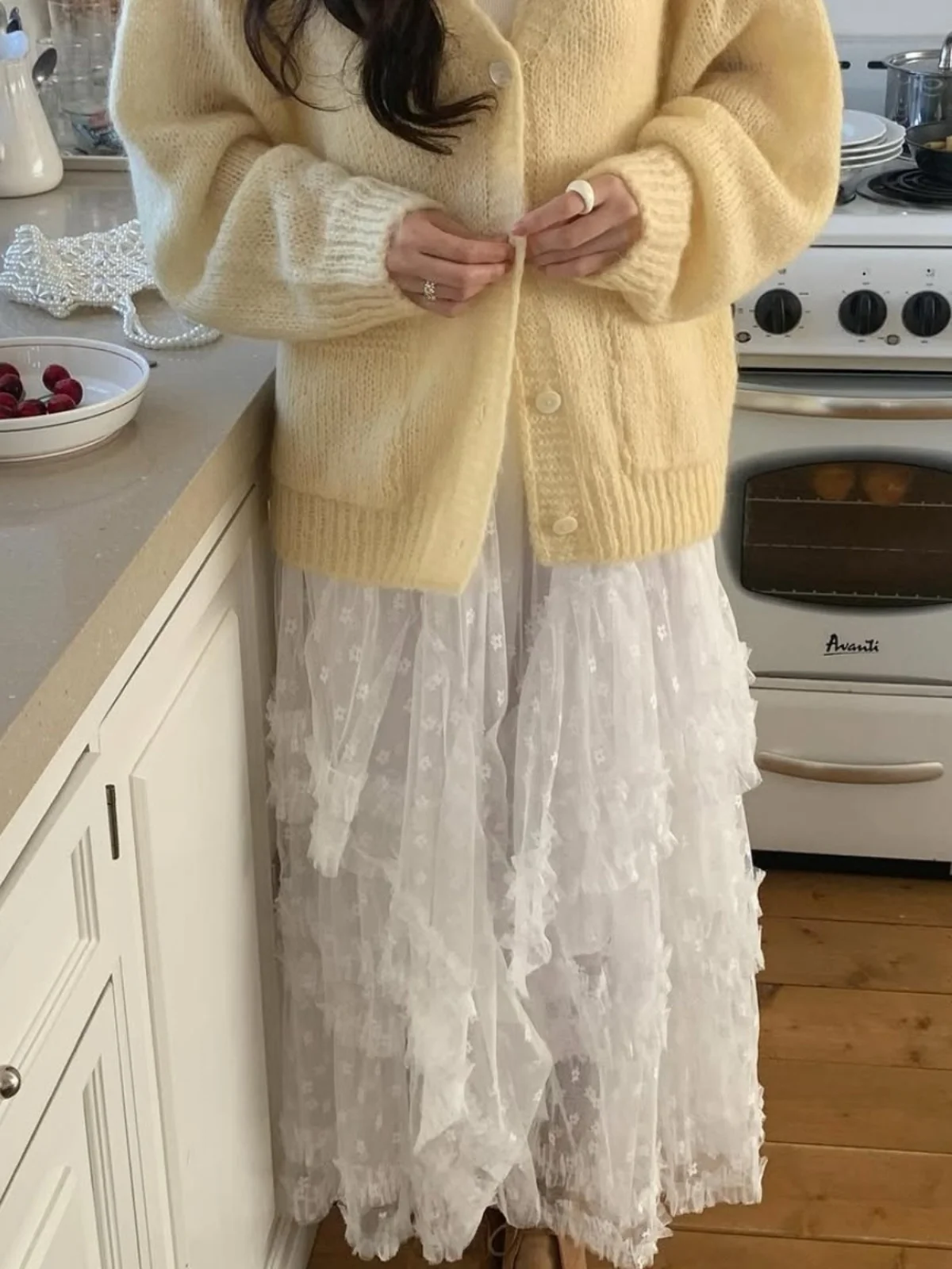 

Корейская юбка-миди с цветочным кружевом и эластичной высокой талией, длинная юбка А-силуэта для женщин, летняя юбка-«торт»