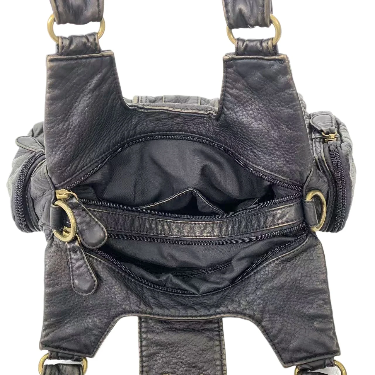 Ladies' retro pure vegan leather motorcycle handbag, wasteland style front pocket soft leather shoulder bag