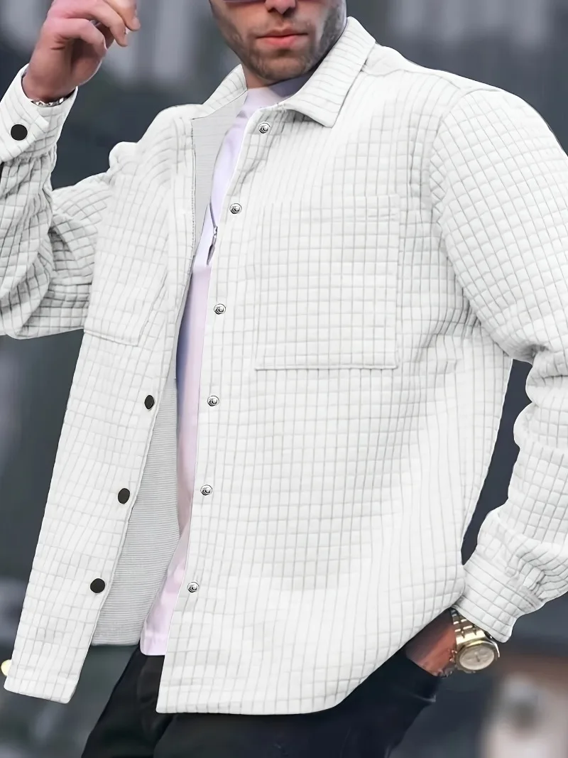 

Spring Autumn Men's Jacket Lapel Collar Large Pockets Shirt, Solid Color Trendy Loose Shirt Jacket For Spring Autumn