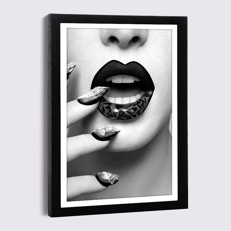 Wooden Photo Frame A3 A4 A5 with Canvas Picture Woman Lips Fashion Model Luxury Shops Poster Nordic Black White Wall Frame Decor