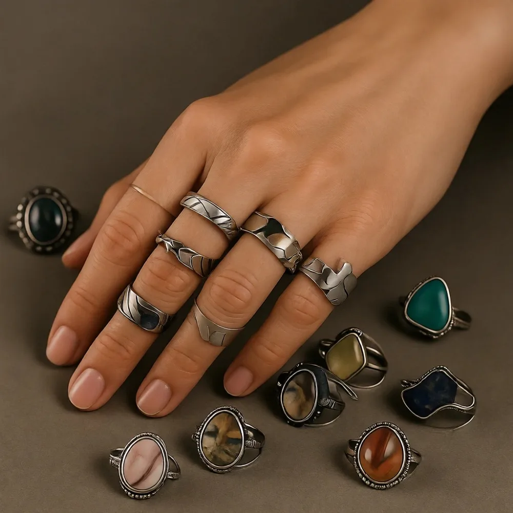 

Набор из 10 массивных серебряных колец ручной работы с драгоценными камнями, винтажный стиль, для женщин
