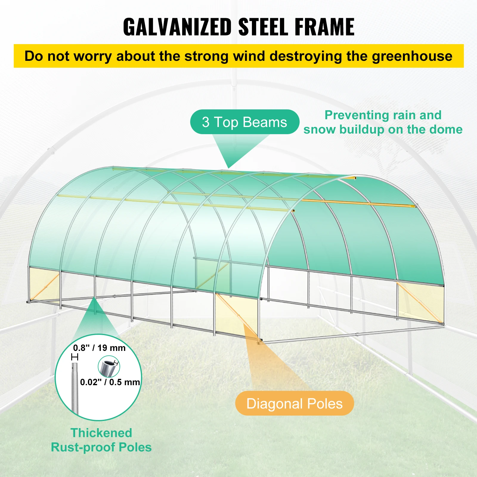 VEVOR 20 x 10 x 7 ft Walk-in Tunnel Greenhouse Portable 3 Top Beams Diagonal Poles 2 Zippered Doors & 12 Roll-up Windows White