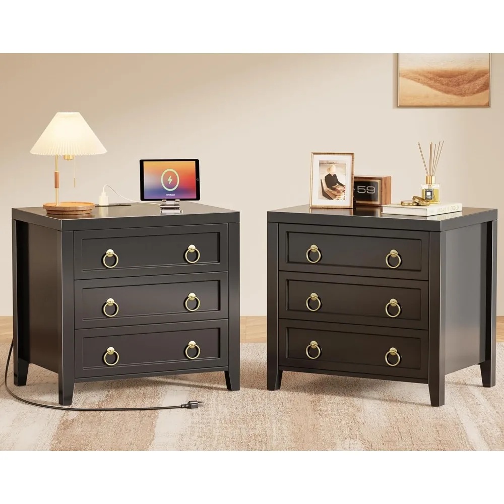 

"set of 2 modern 3-drawer nightstands with usb-c charging station, 23.6 inch wide"