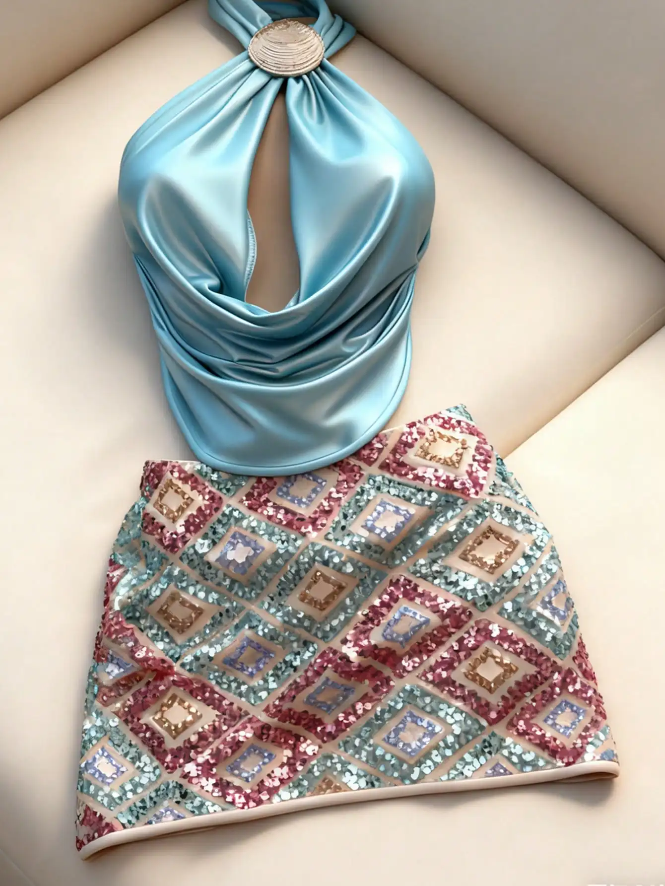 

Атласный топ-халтер с декоративной пряжкой + юбка с геометрическим узором из пайеток, комплект из двух предметов