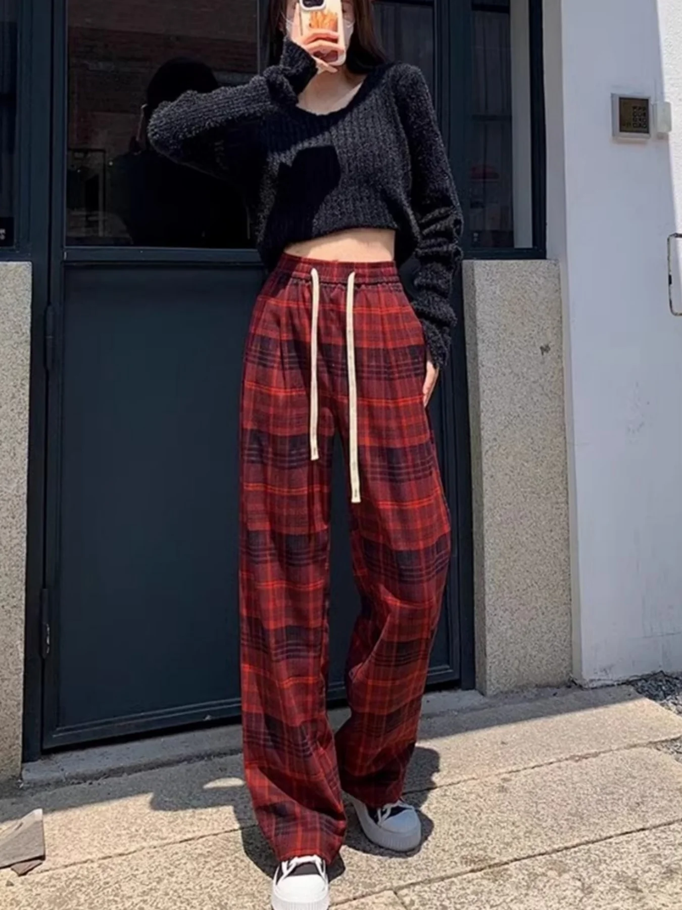 American Retro Color-Block Plaid Sweatpants for Women, New Autumn and Winter Loose Casual Versatile High-Waisted Slimming Wide-Leg Pants for Women