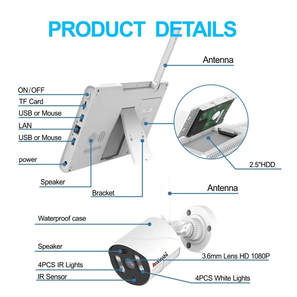 ชุดกล้องวงจรปิด Anxinshi OEM 8 ช่องทาง P2P 4MP ESeecloud Smart WiFi Solar Dome พร้อมจอ 10 นิ้ว