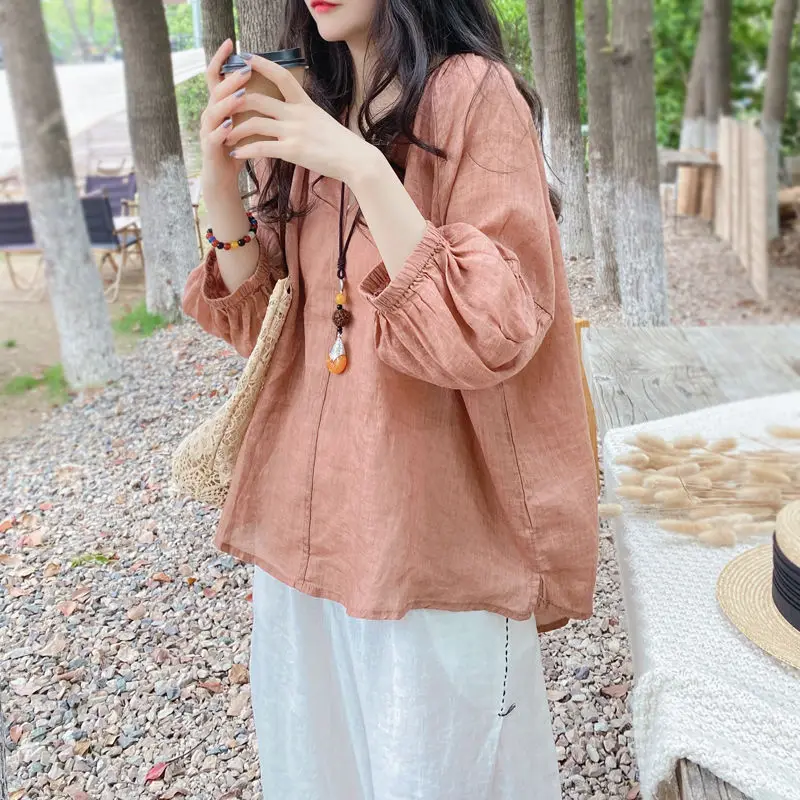 2024 Summer Commute Korean Loose V-neck Cotton Linen Blouses Women\'s Solid Color Pullover Shirring Fashion Lantern Sleeve Shirts