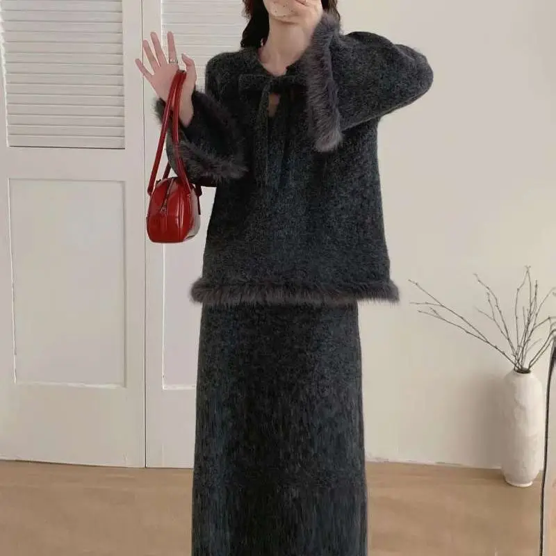 2025 Autumn and Winter New Style: A Complete Set of Lazy, Loose and Gentle Sweater with Skirt Two-Piece Set