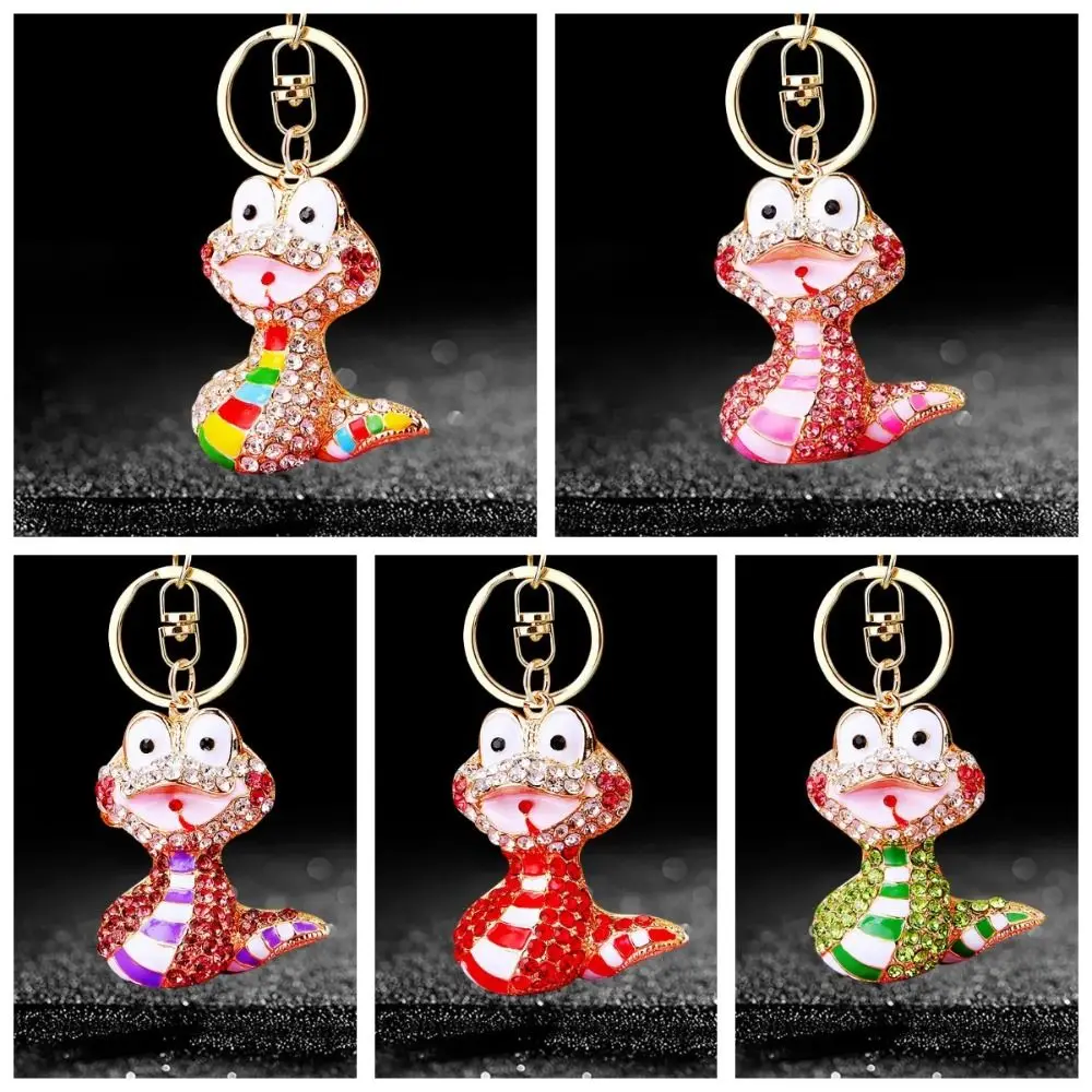 Fortune Rhinestone Snake Keychain Exquisite Colorful Snake Lucky Pendant Collection Retro Zodiac Snake Year Key Ring