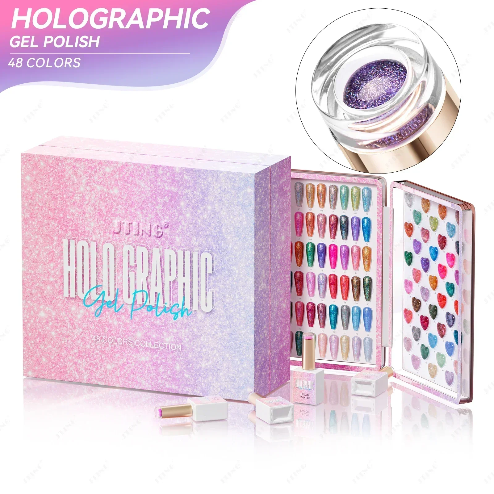 JTING Super Trending holographic laser collection 48colors nail gel polish set box unique free color book OEM private label