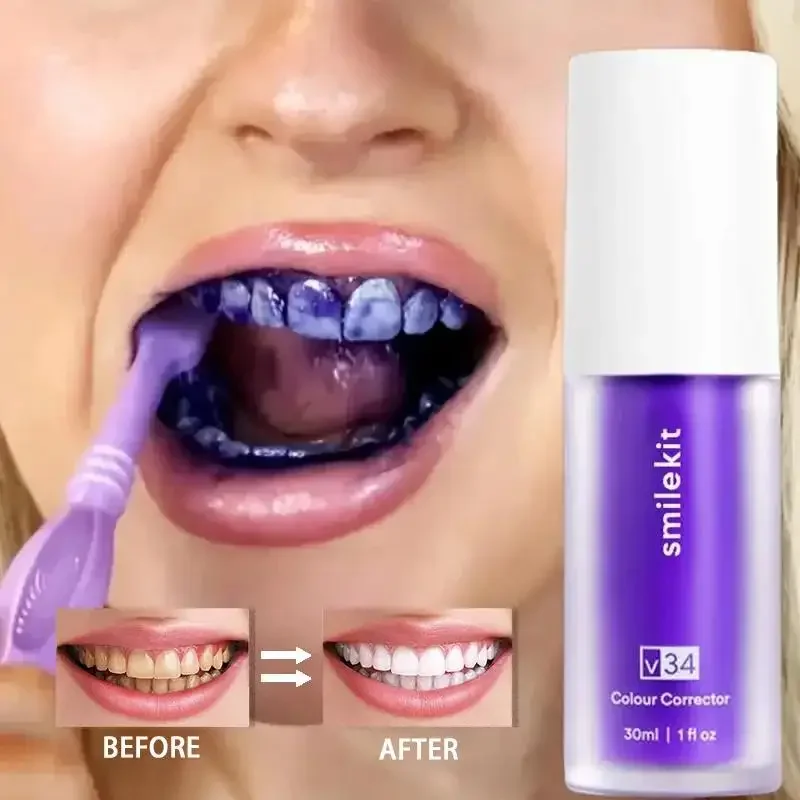 Mousse de limpieza dental V34, pasta de dientes blanqueadora púrpura, elimina manchas, Reduce el color amarillo, cuidado de encías dentales, aliento fresco 2023