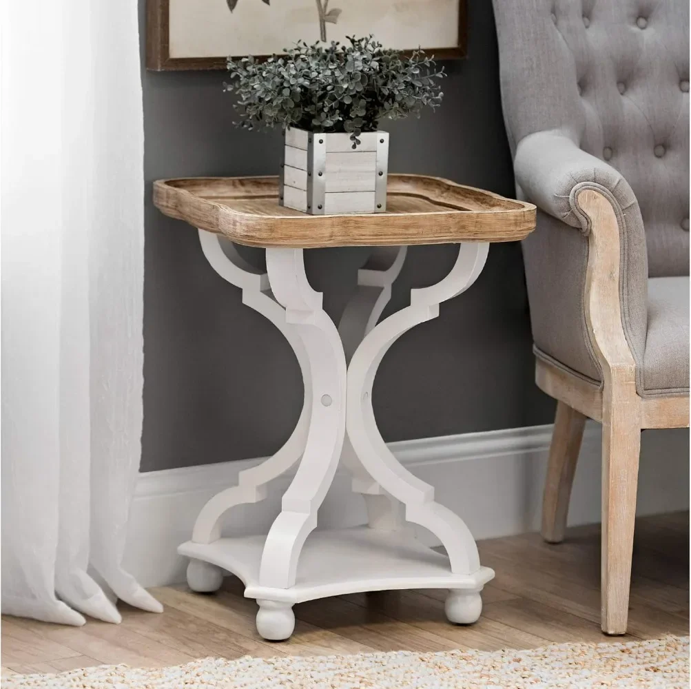 

Farmhouse Cottagecore Accent End Table, Natural Tray Top Side Table Nightstand for Family, Dinning or Living Room,White