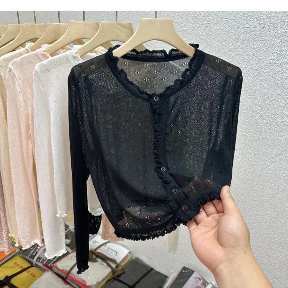 New O-Neck Design Thin Knitted Cardigan Slim Fit Button Closure Women Tops Sweaters Hollow Out Long Sleeve Cardigan Women