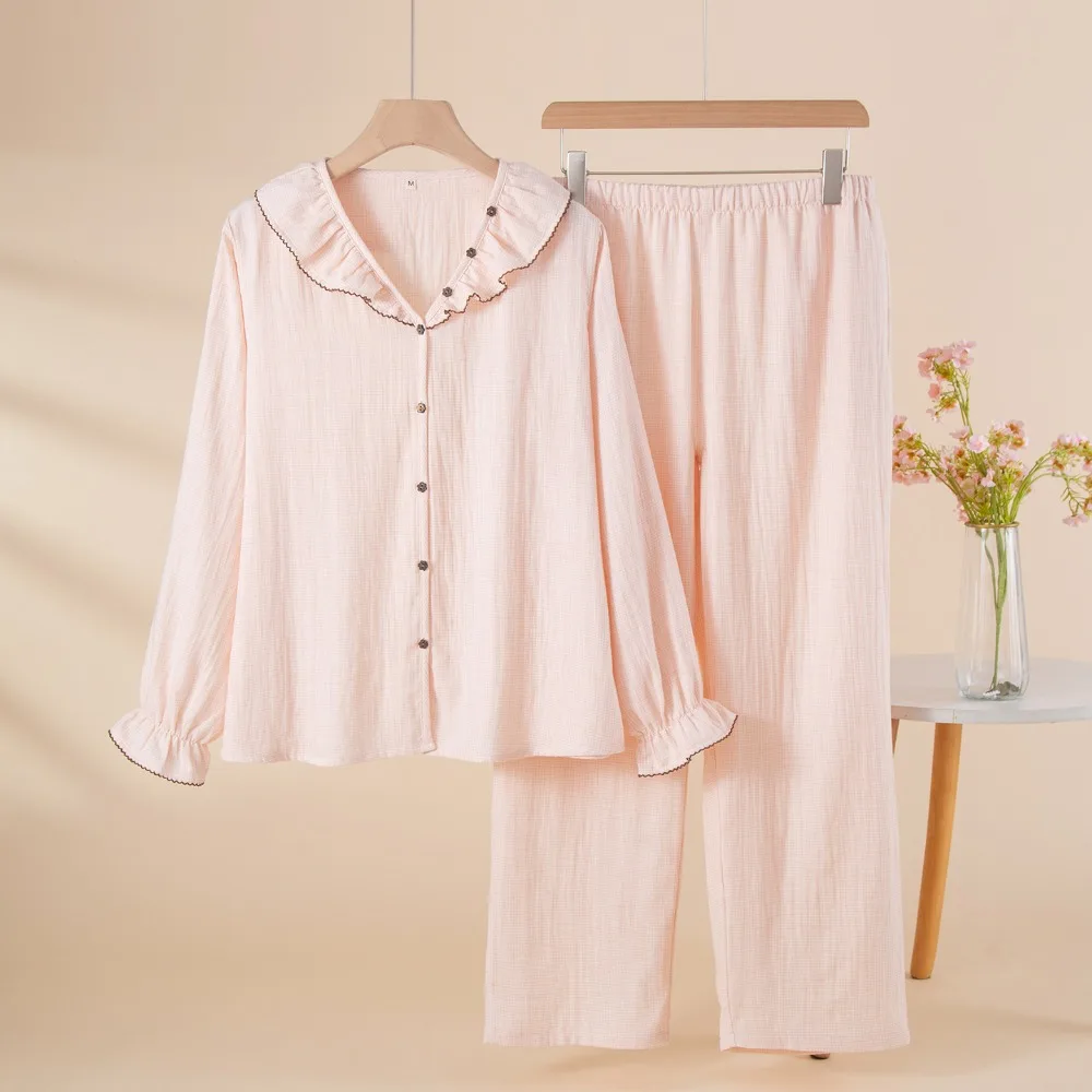 Pure Cotton Nightwear Pajama Set Spring Autumn New 2 Piece Loungewear Button Down Sleepwear Solid Color Long Sleece Lounge Wear
