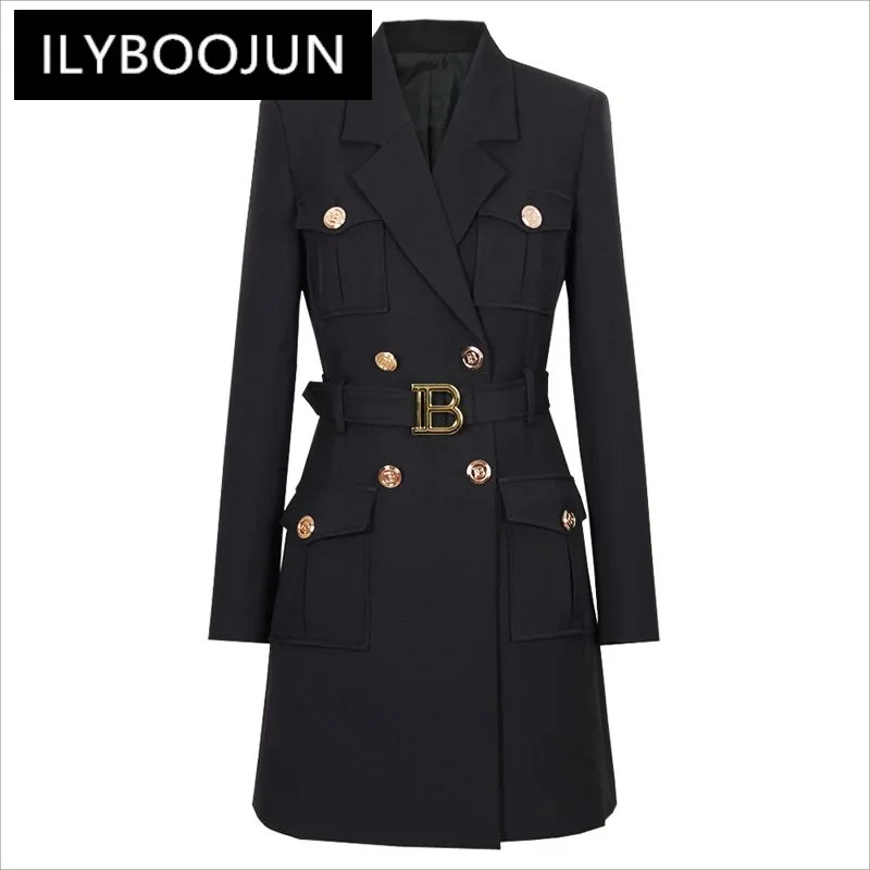 

Fashion Woman Blazer 2022 Waist Slim Double Breasted Belt Jacket Spring Fall Solid Elegant Office Dress