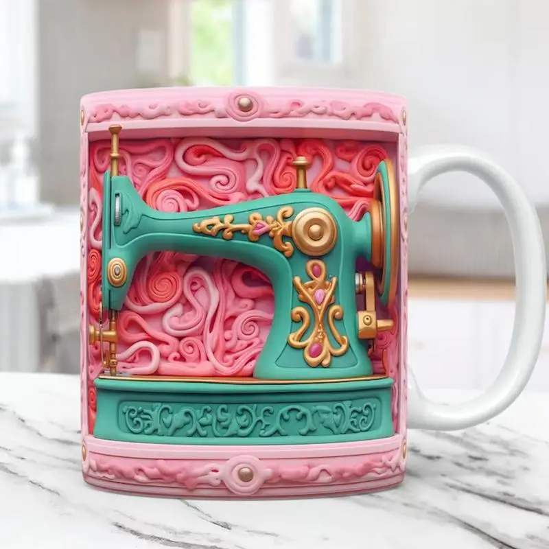 3D Sewing Mug Sewing Machine Themed Mug Multi-Purpose 3DDishwasher & Microwave Safe Painted Sewing Coffee Cup For Indoor Home