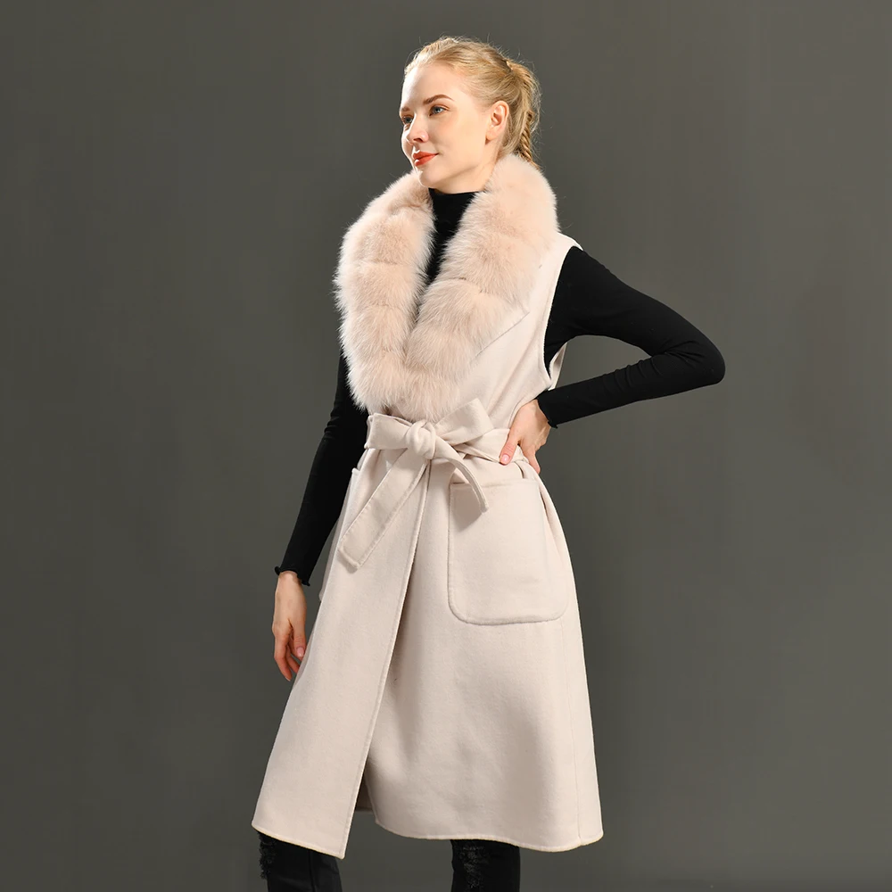 

Jaxmonoy Double-Sided Cashmere Vest Women Spring Autumn 2022 New Wool Waistcoat Luxury Fox Fur Collar Long Style Slim Outerwear