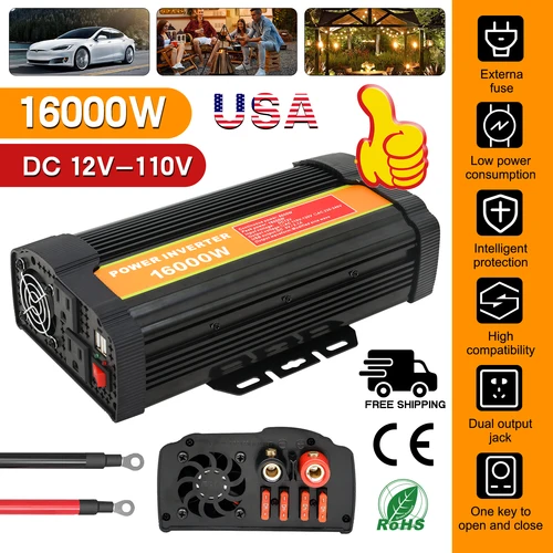 Inversor de corriente para coche de 16000W CC de 12V a CA 110V convertidor Solar de onda sinusoidal pura LCD