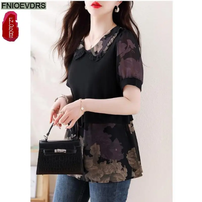 L-5XL 2024 Peter Pan Collar Tops Women Basic Wear Office Lady Short Sleeve Fashion Retro Vintage French Design Shirts Blouses