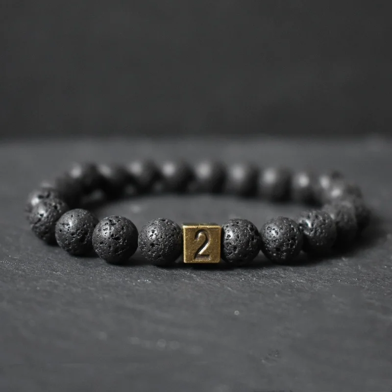 Unique Men's Lava Stone Beaded Bracelet, 8mm Natural Stone Number Cube Charm, Adjustable Stretch Masculine Accessory Gift