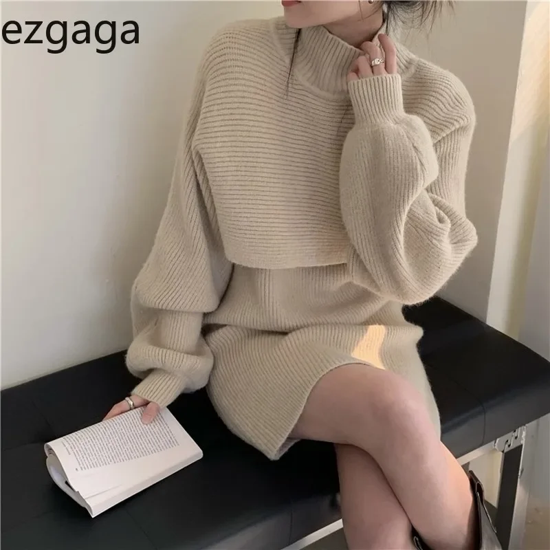 Ezgaga Knit Two Piece Set Women Fashion Turtleneck Sweater Jumper Sleeveless Elegant Dress Loose Solid Pullover Office Lady