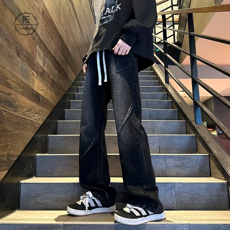 

Graduated Black Splice Men's Jeans 2024 Spring New Oversize American Retro Straight Leg Long Trousers Loose Straight Fit Jeans