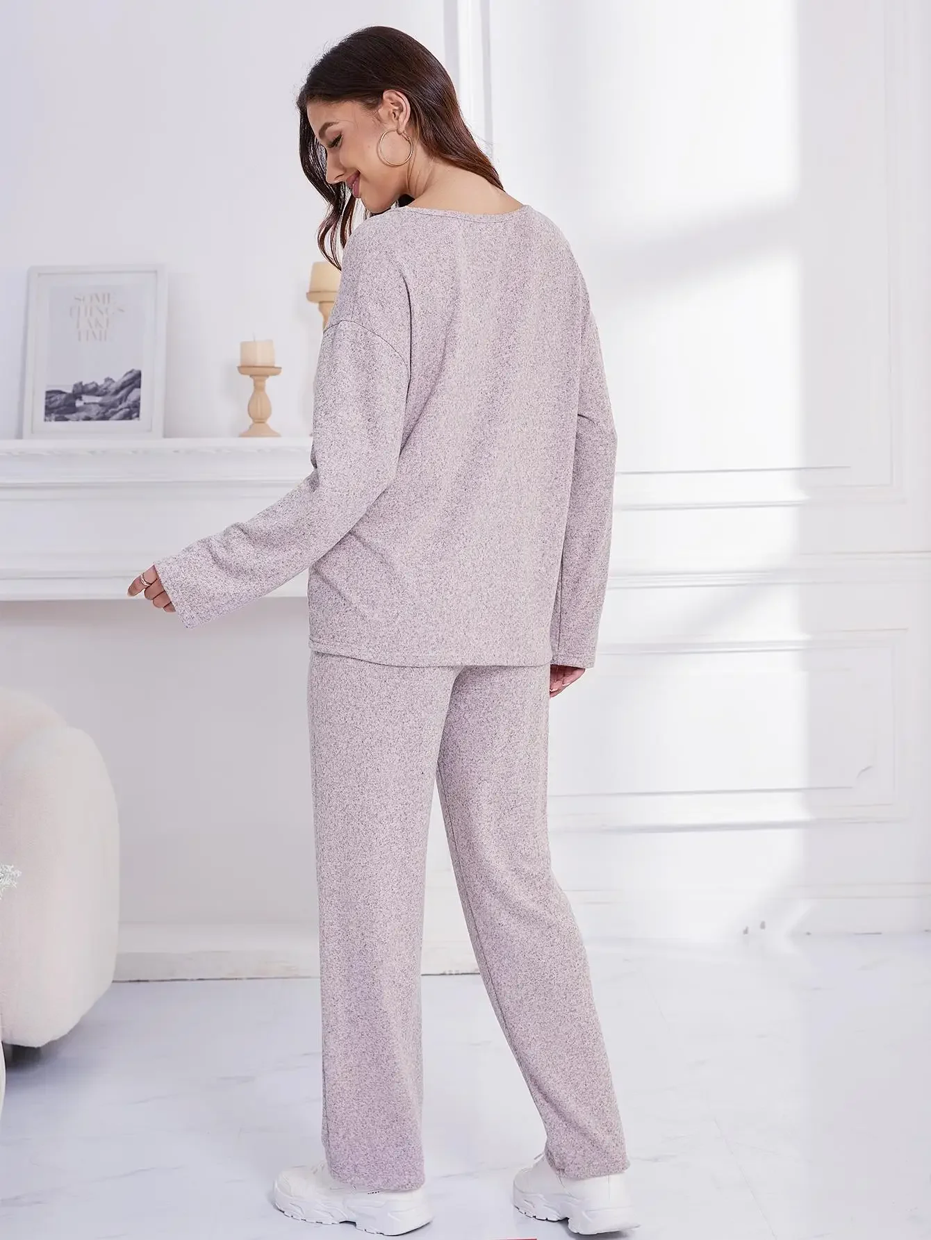 Solid Women Pajama Sets Long Sleeves V Neck Top & Full-Length Pants Female 2 Piece Sleepwear Nightwear Atumn Spring Fall Homwear