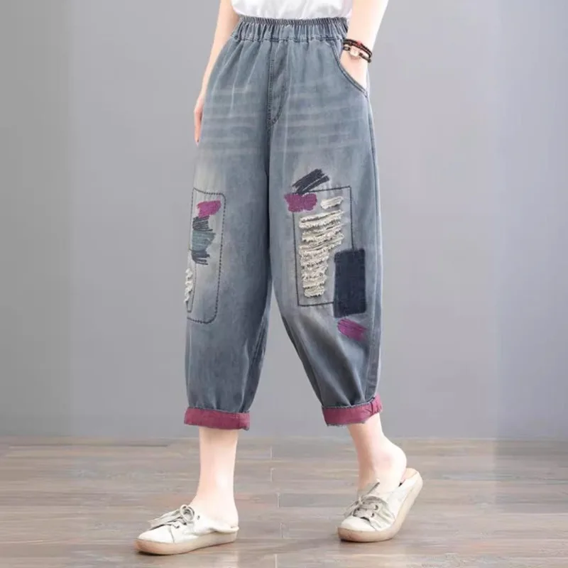 

26 Summer Women's Personalized Embroidery Ripped Nine Points Jeans Loose Slim Color Block Cuffed Harem Pants Thin Denim Trousers
