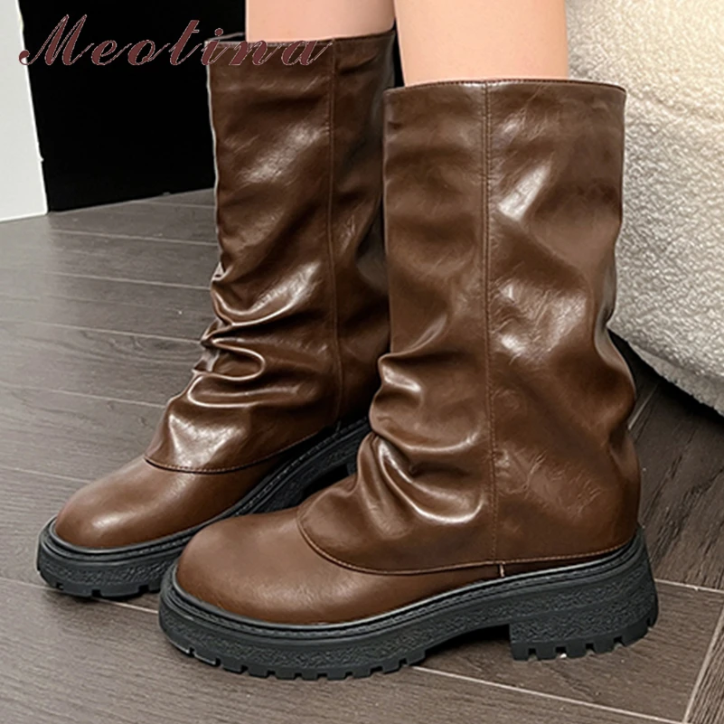 

Meotina Women Genuine Leather Mid Calf Boots Round Toe Platform Thick Mid Heels Pleated Ladies Fashion Shoes Autumn Winter Brown