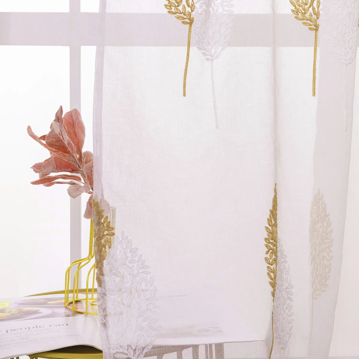 1PC Curtains American Simple Leaf Plant Curtain for Living Room Window Bedroom Embroidered Door Sheer Guaze Tulle Yarn