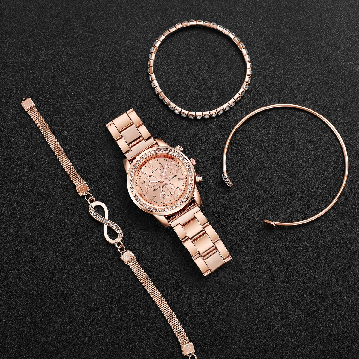 4 قطعة/المجموعة ساعات نسائية موضة حجر الراين سوار فولاذي التناظرية ساعة كوارتز أساور مجموعة Reloj Mujer (بدون صندوق) #3