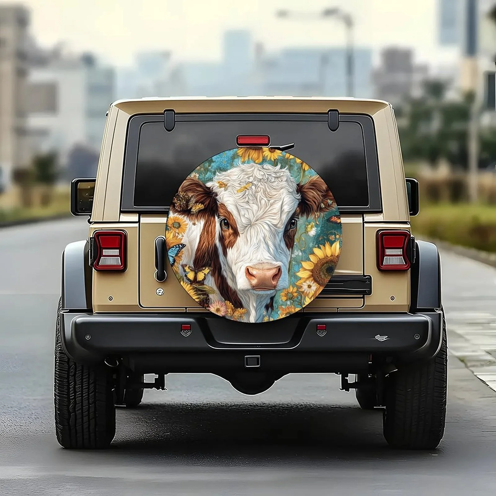 Single Piece Tire Cover Featuring A Cow Design Amidst Sunflowers, Stylish And Universal Fit For Wheel Protection, Compatible Wit